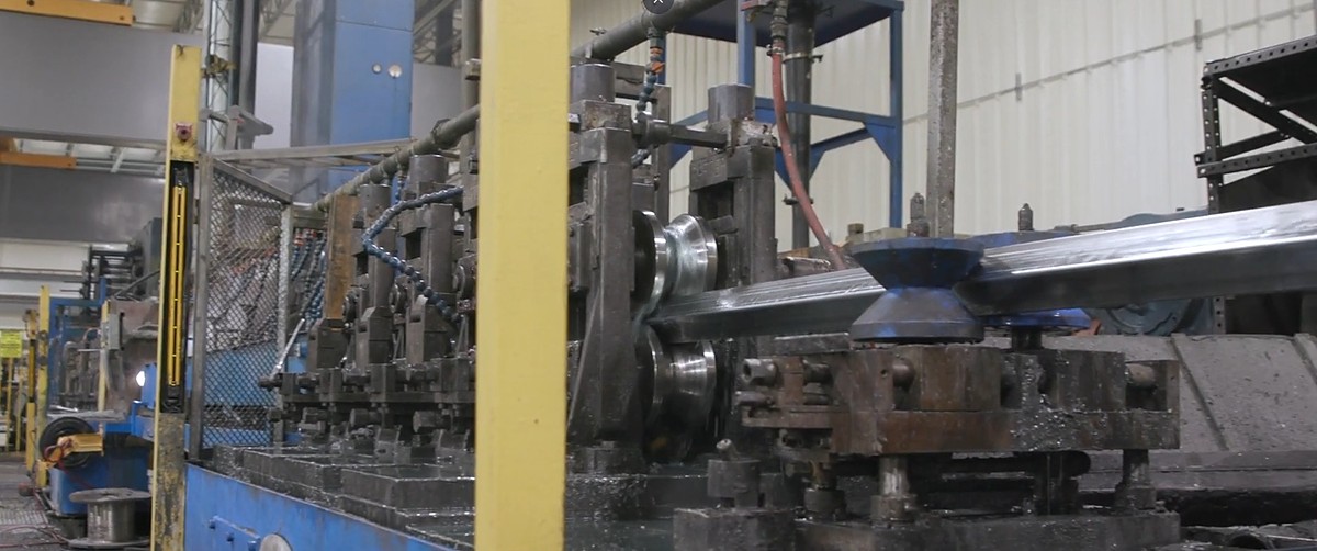Square tube being formed on the ERW tube mill